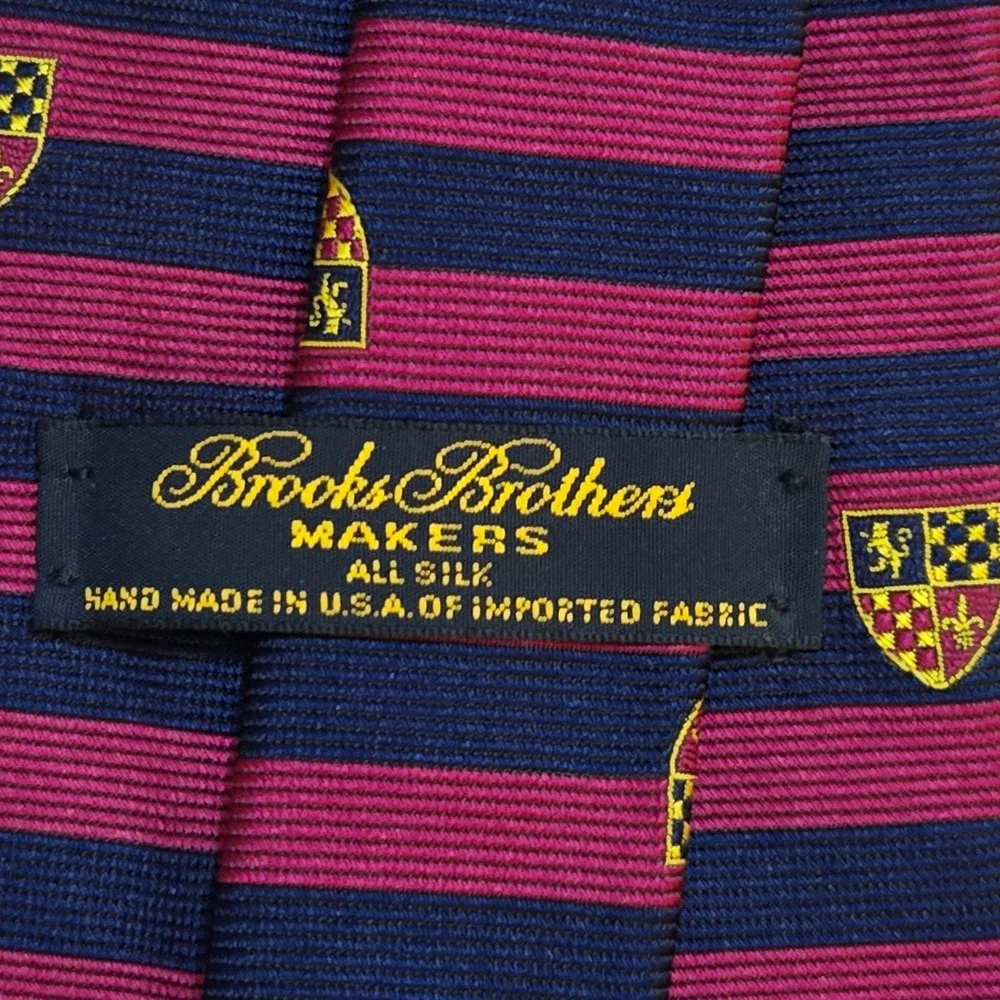 Brooks Brothers Makers Silk Tie Navy Burgundy Striped Crested Hand Made USA